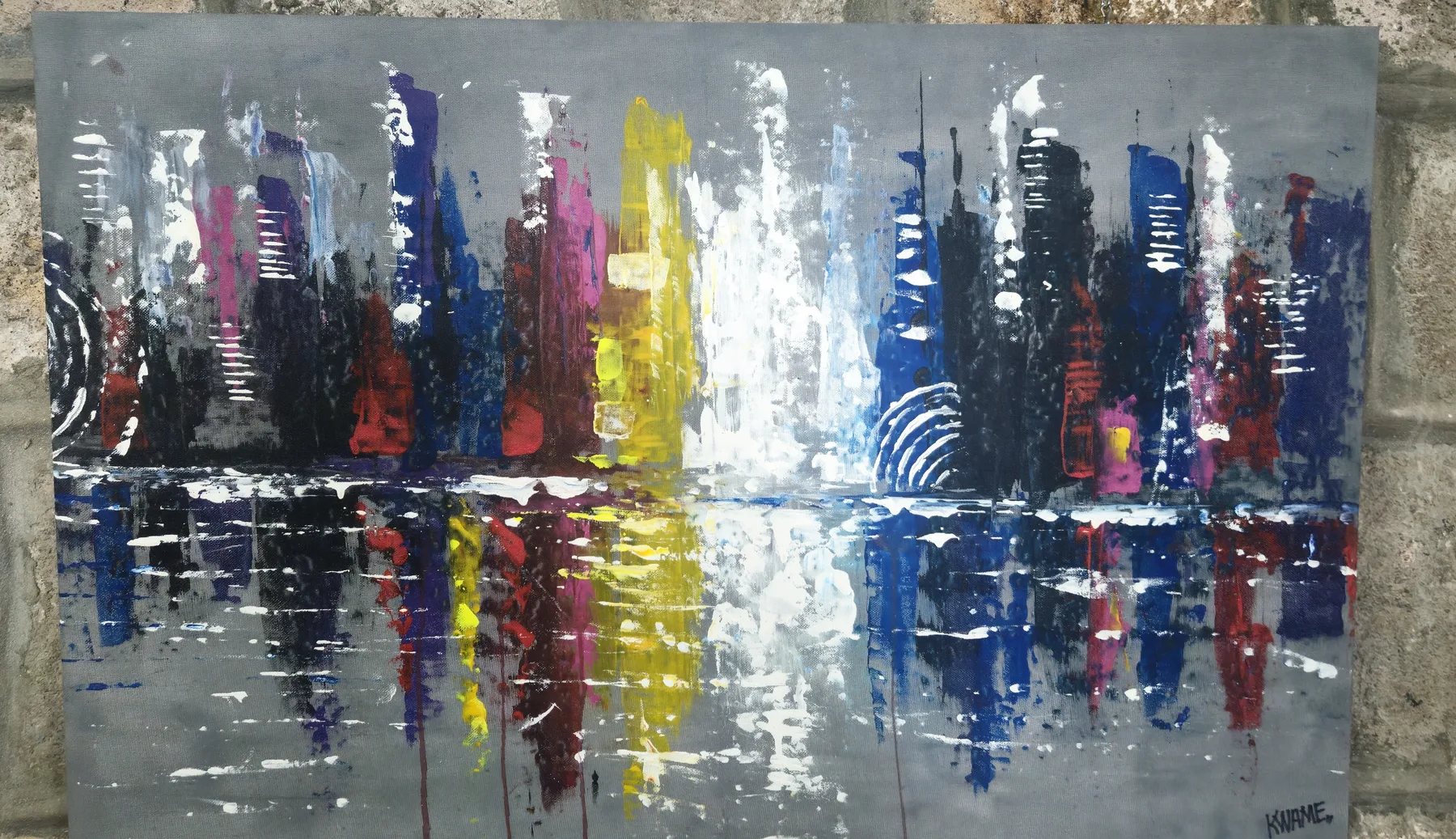 Cityscape Reflections, a mixed-media painting by John Kwame Eduafo, displayed inside Charlestown Gallery