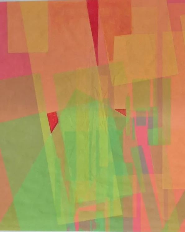 A vividly colored abstract collage painting on display at Charlestown Gallery